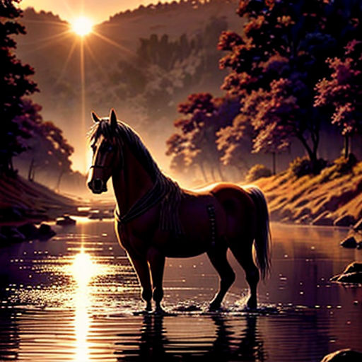 a horse standing in the water at sunset with the sun shining behind it and trees and hills in the background