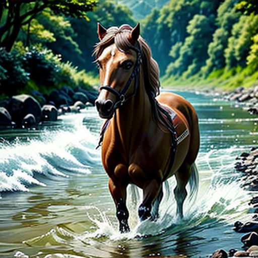 a horse is running through a river with rocks and trees in the background, and a stream running through the water