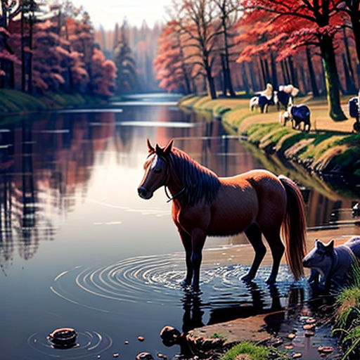 a painting of horses in a river with trees in the background and a stream running through the grass and rocks