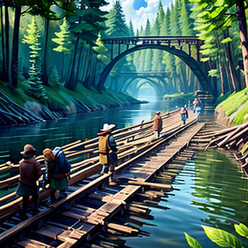 a painting of people walking across a bridge over a river in a forest with a bridge in the background