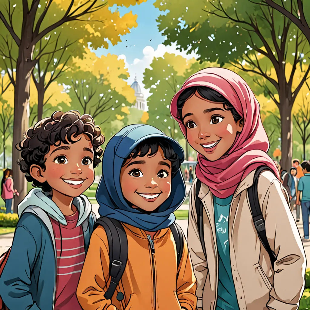 a group of people standing next to each other in a park with trees and people walking around them on a sunny day, paris school, a storybook illustration, disney, comic cover art