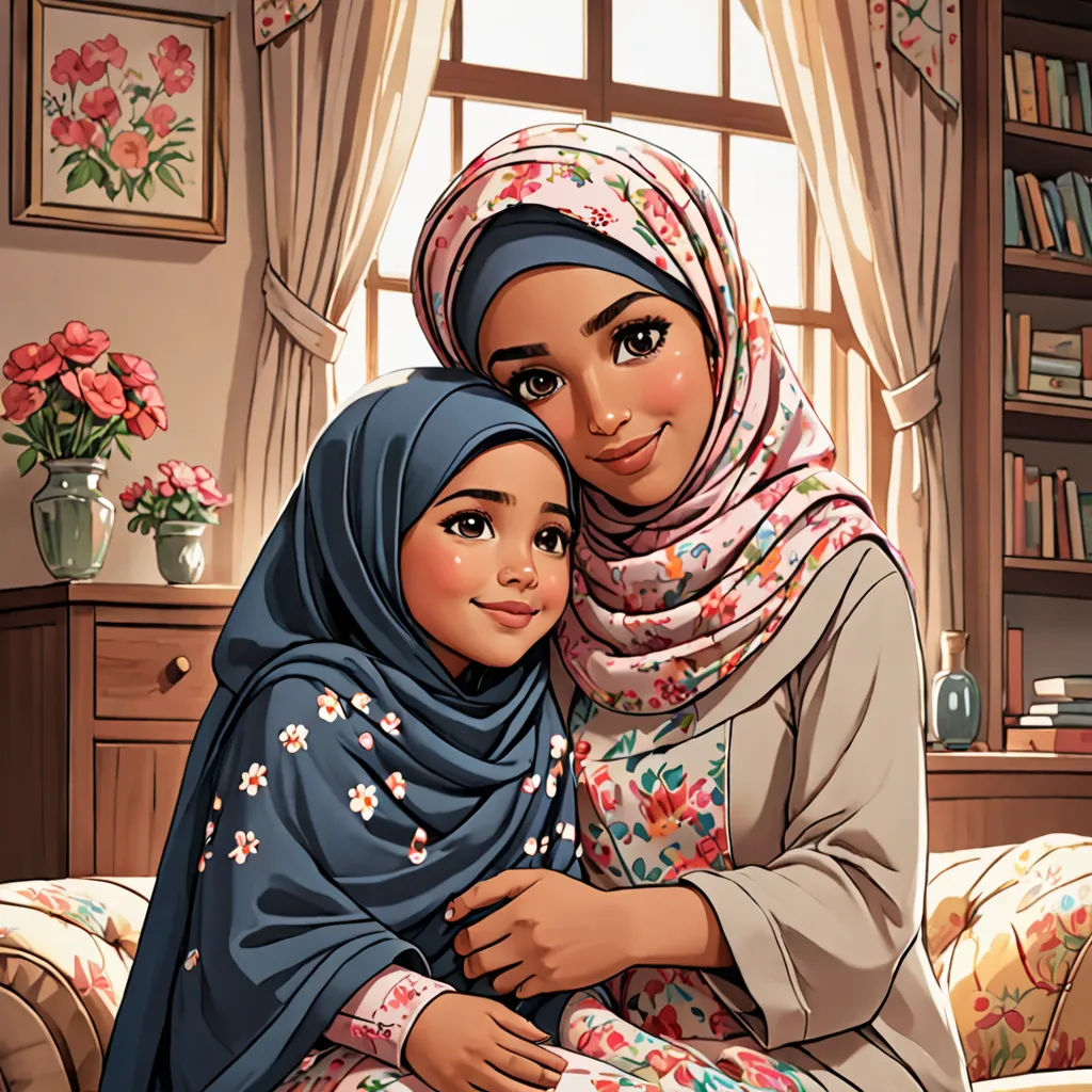 a painting of a mother and daughter hugging each other in a living room with a window in the background, hurufiyya, a storybook illustration, Ella Guru, comic cover art