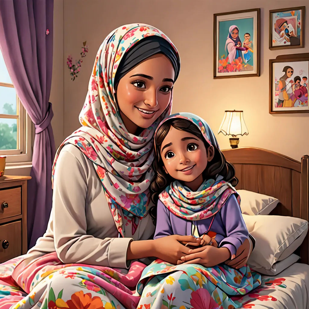 a painting of a woman and a child on a bed with a blanket on it and a picture of a child on the wall, american scene painting, a storybook illustration, Ella Guru, official art
