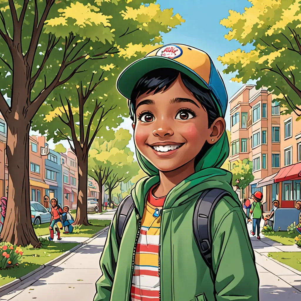 a boy in a green jacket and a yellow hat is standing on a street with a backpack on his shoulder, vancouver school, a comic book panel, Chris LaBrooy, comic cover art