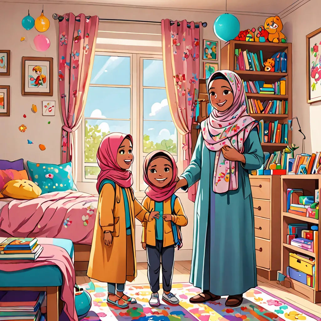 a woman and two children in a bedroom with a bed and a bookcase with books on it and a window, hurufiyya, a storybook illustration, Abidin Dino, official art