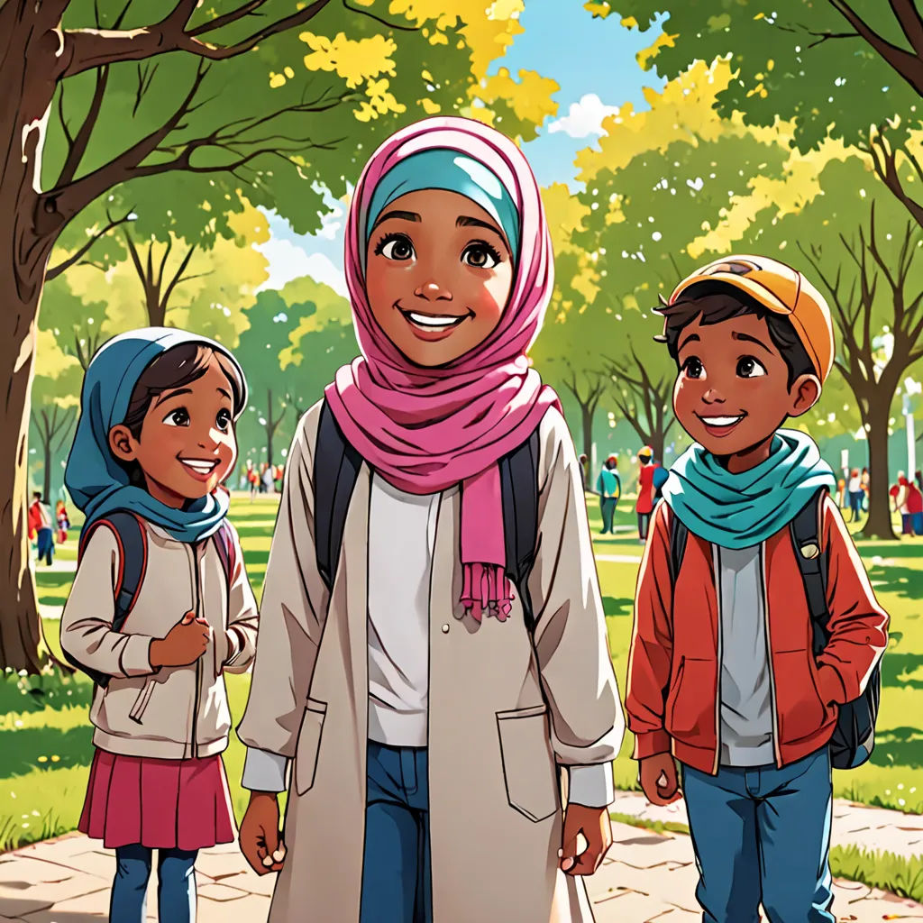 a cartoon of a woman and two children walking in a park together, with trees in the background and people walking around, hurufiyya, a storybook illustration, Abidin Dino, comic cover art