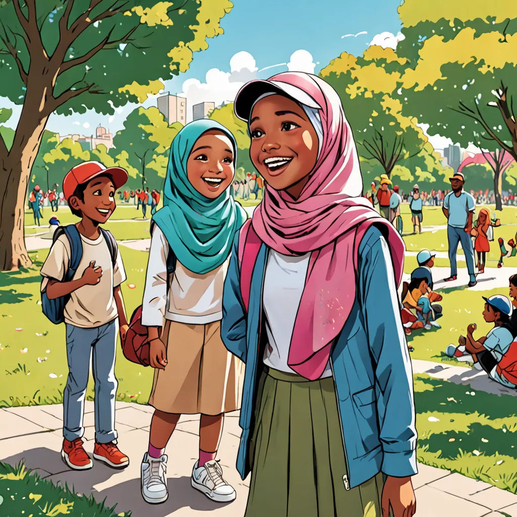 a woman and two children standing in a park with a crowd of people behind her and a tree in the background, unilalianism, a storybook illustration, Asaf Hanuka, comic cover art