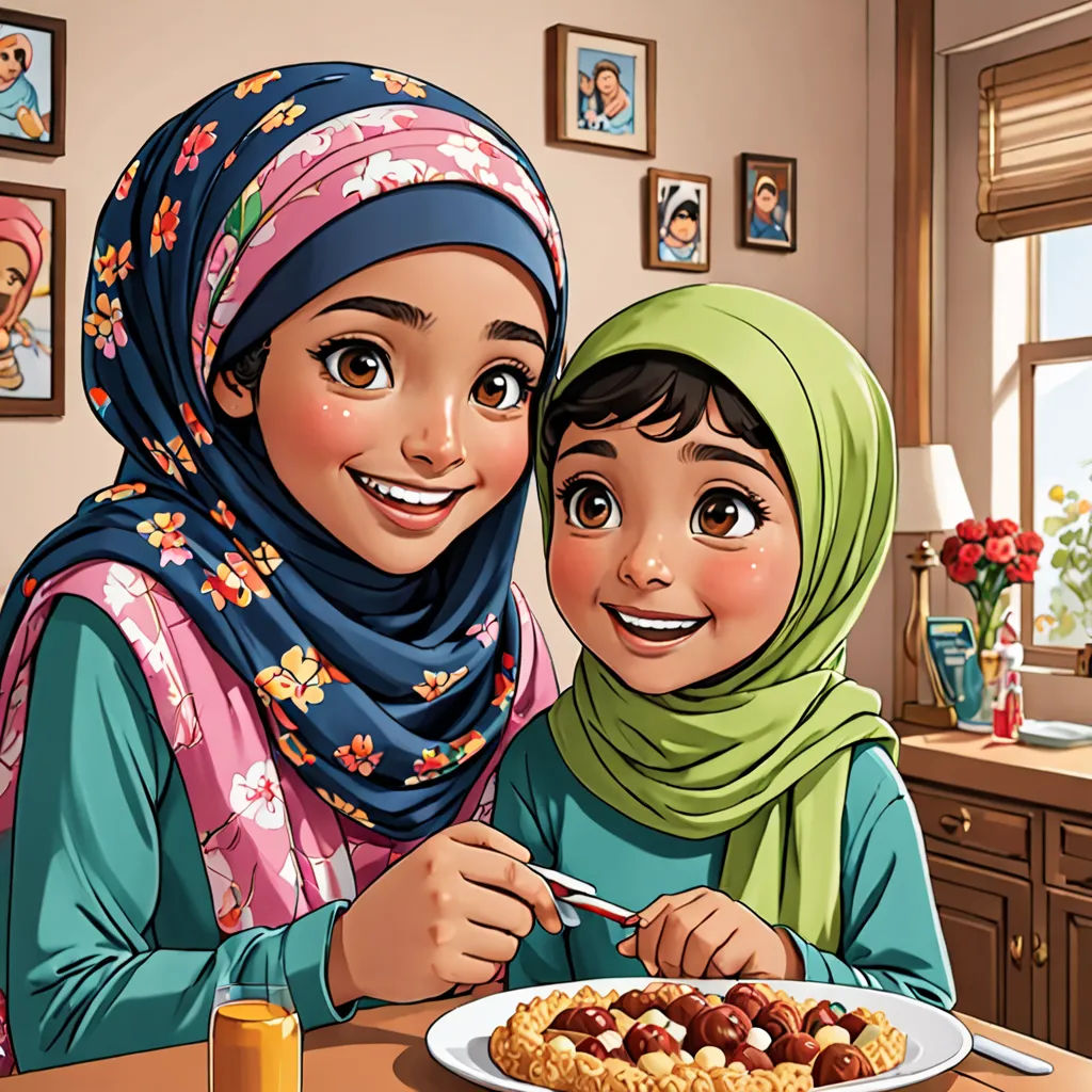 a woman and a child are eating a meal together at a table in a kitchen with a picture of a woman on the wall, hurufiyya, a storybook illustration, Ella Guru, comic cover art