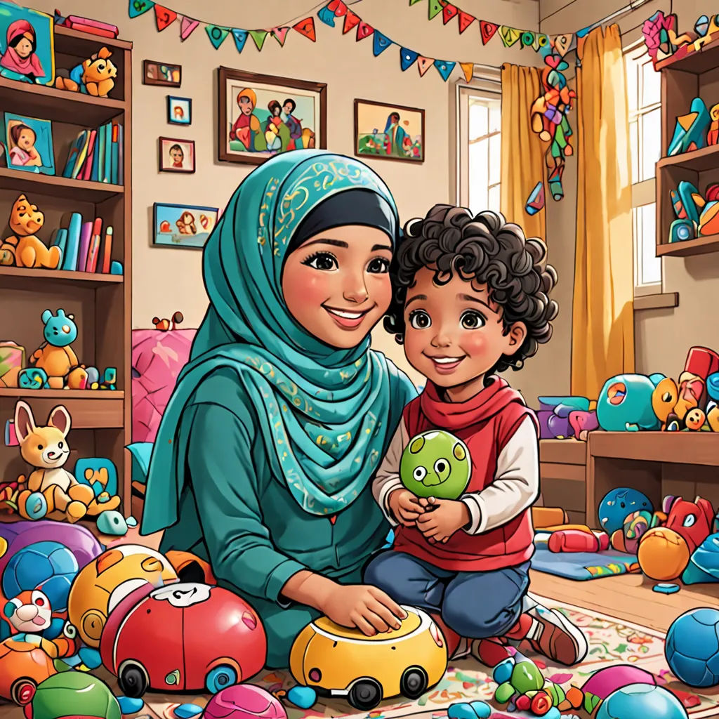 a woman and a child are playing with toys in a room full of toys and toys on the floor, hurufiyya, a storybook illustration, Abidin Dino, official art