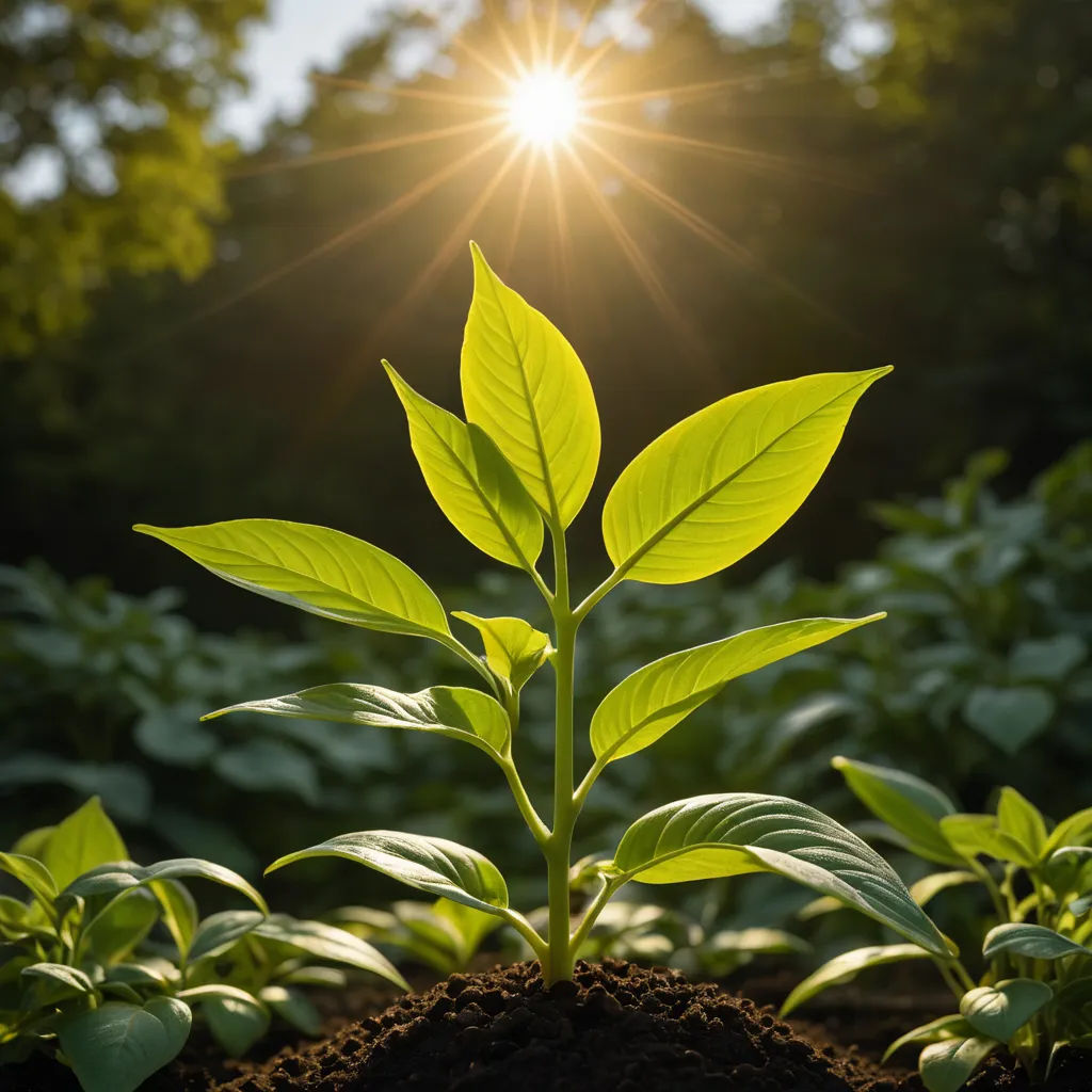 a plant with a bright sun shining in the background in a garden area with dirt and dirt ground, and trees, environmental art, a stock photo, Dennis Ashbaugh, anamorphic lens flare