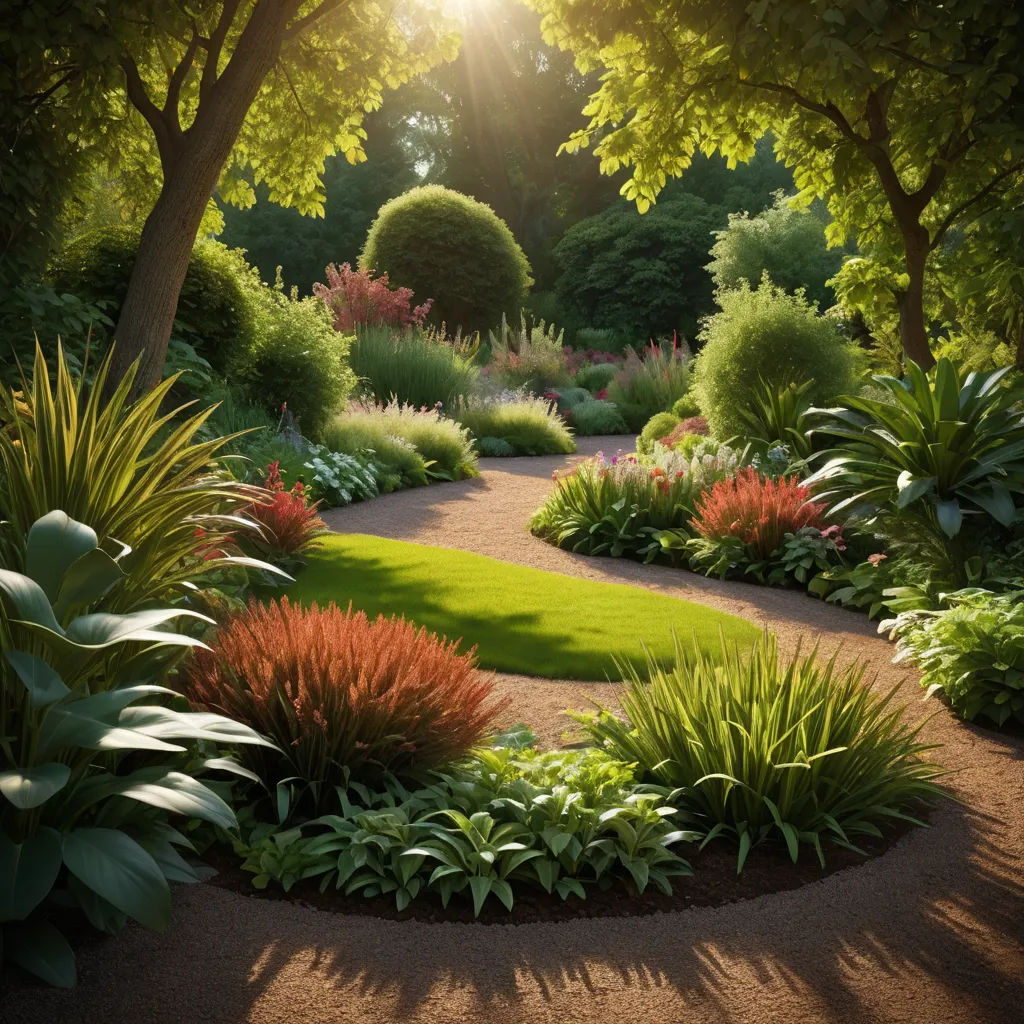 a garden with a path through it surrounded by trees and plants and grass and a sun shining through the trees, photorealism, a digital rendering, Dennis Ashbaugh, unreal render