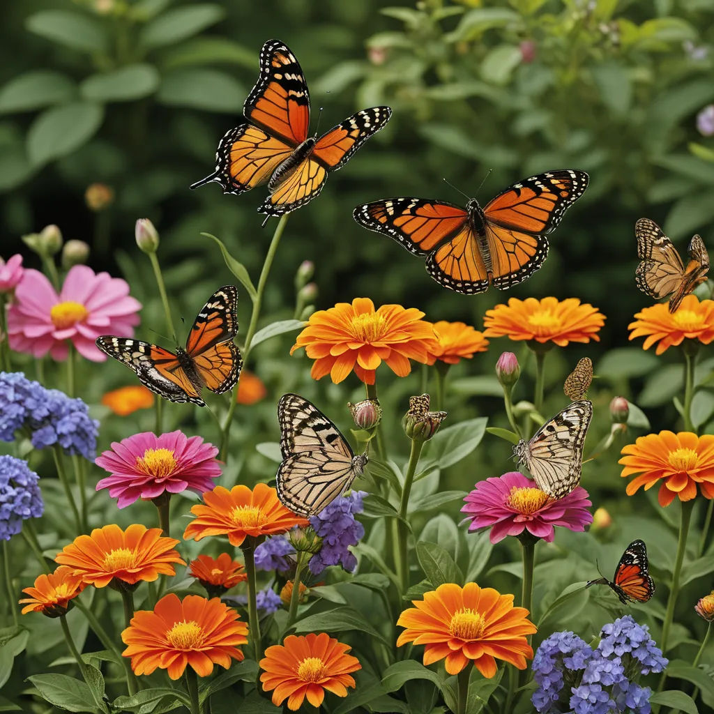 a field of flowers with many butterflies flying around them and a bush of flowers in the background with green leaves, ecological art, a jigsaw puzzle, Cindy Wright, summer vibrancy
