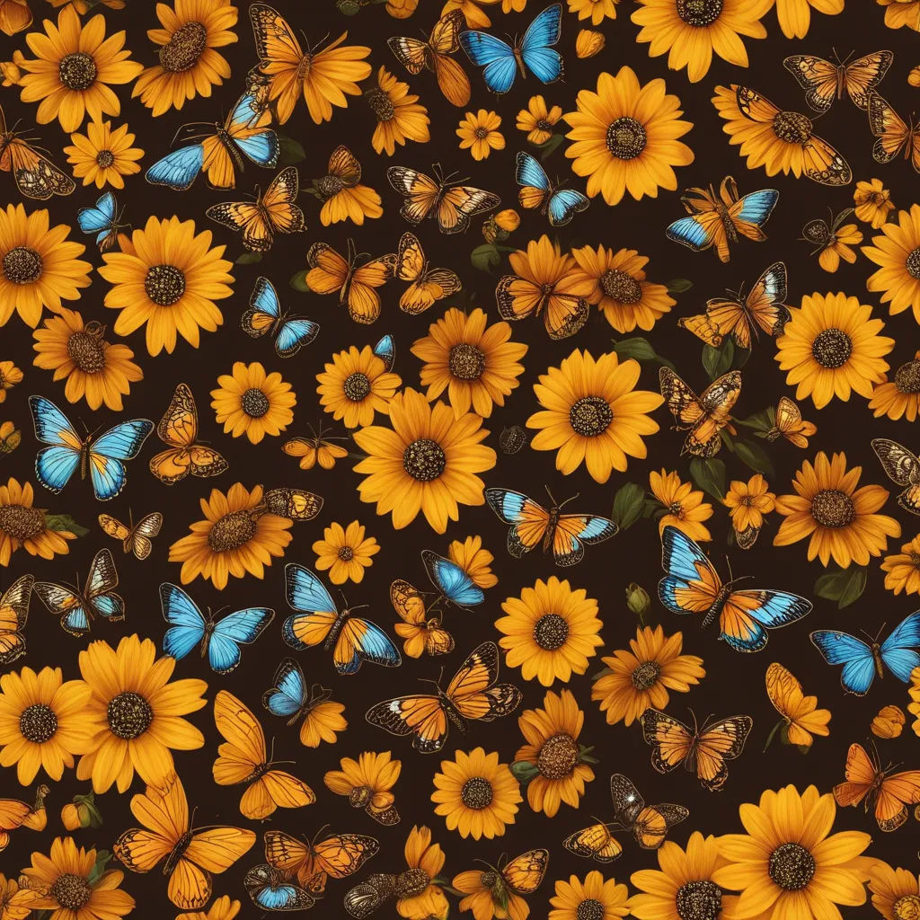 a bunch of yellow flowers with butterflies on them and a black background with a blue butterfly on the center, maximalism, a jigsaw puzzle, Annabel Kidston, flowers