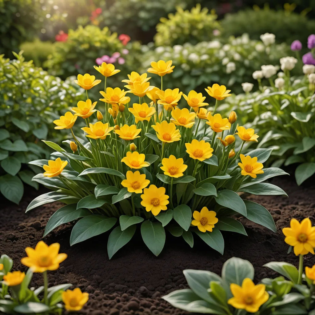 a field of yellow flowers with green leaves and dirt in the foreground and a sun shining through the trees, naturalism, a digital rendering, Dirck van der Lisse, flowers