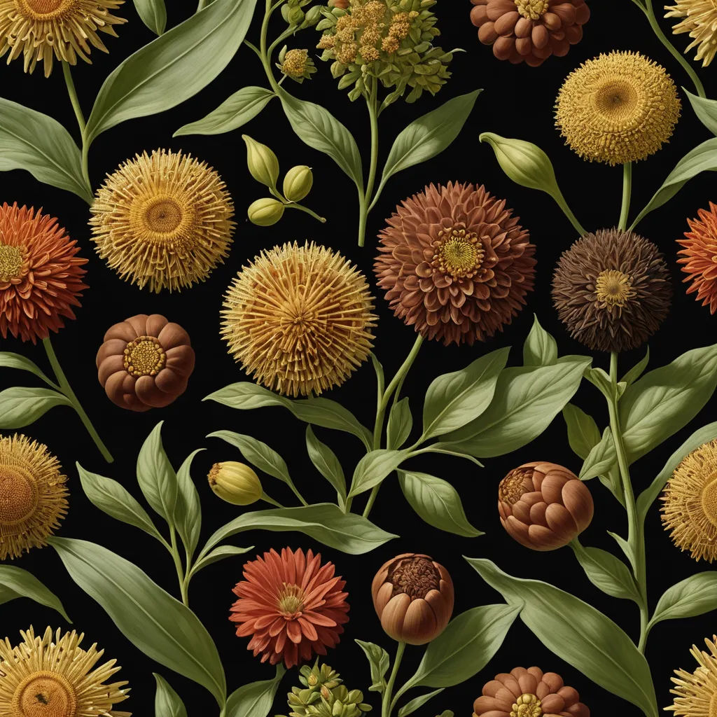 a painting of a bunch of flowers on a black background with leaves and buds on the stems and the petals, generative art, a flemish Baroque, Earnst Haeckel, highly detailed digital painting