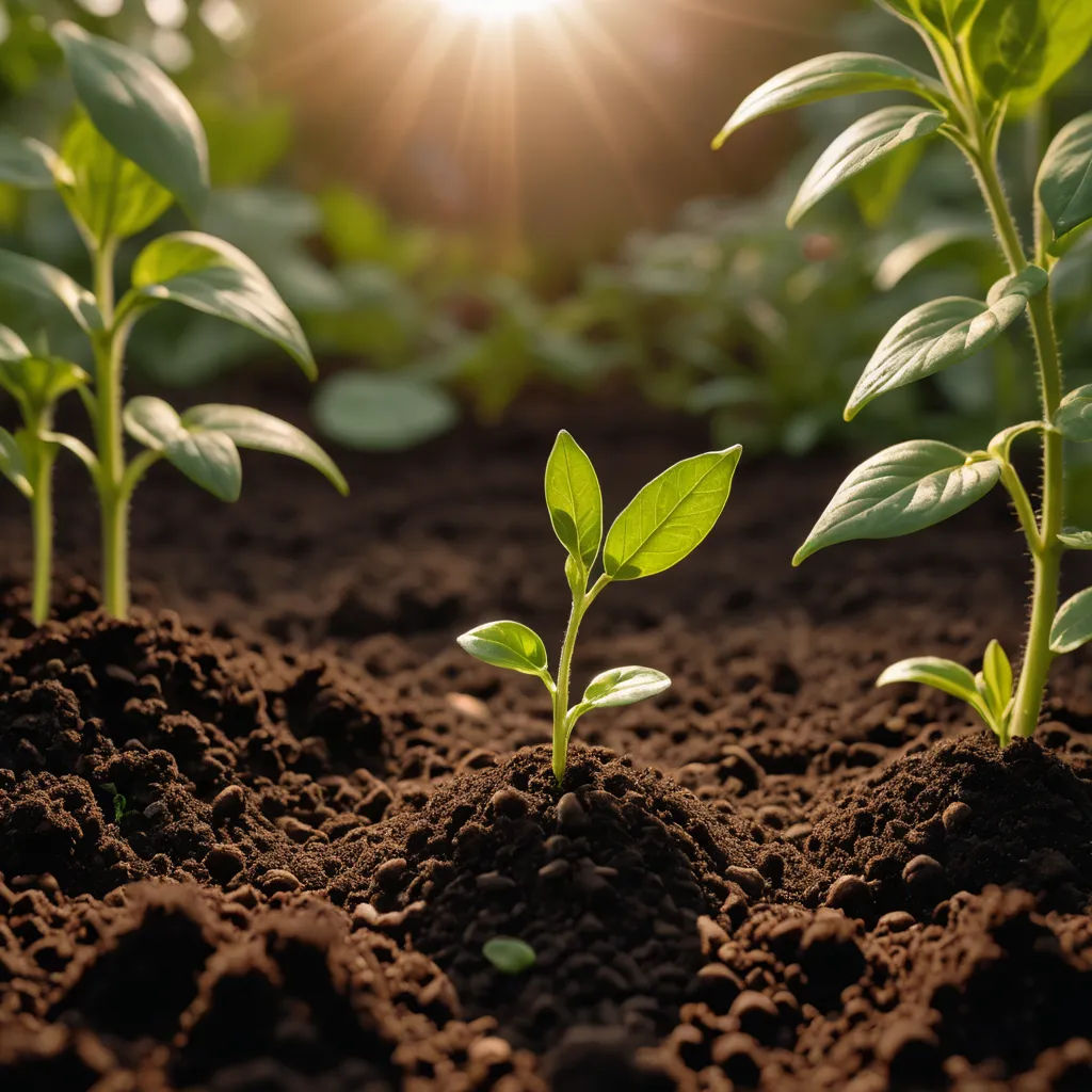 a group of plants growing in dirt with the sun shining in the background and a few leaves on the ground, naturalism, a stock photo, Dennis Ashbaugh, plants
