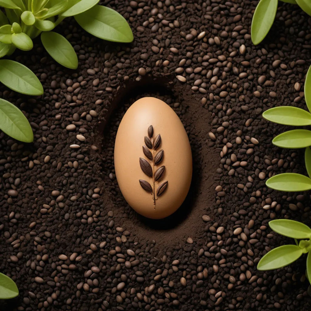 a brown egg with a plant on it sitting in the dirt next to some green leaves and a brown egg shell, ecological art, a 3D render, Daren Bader, product photography