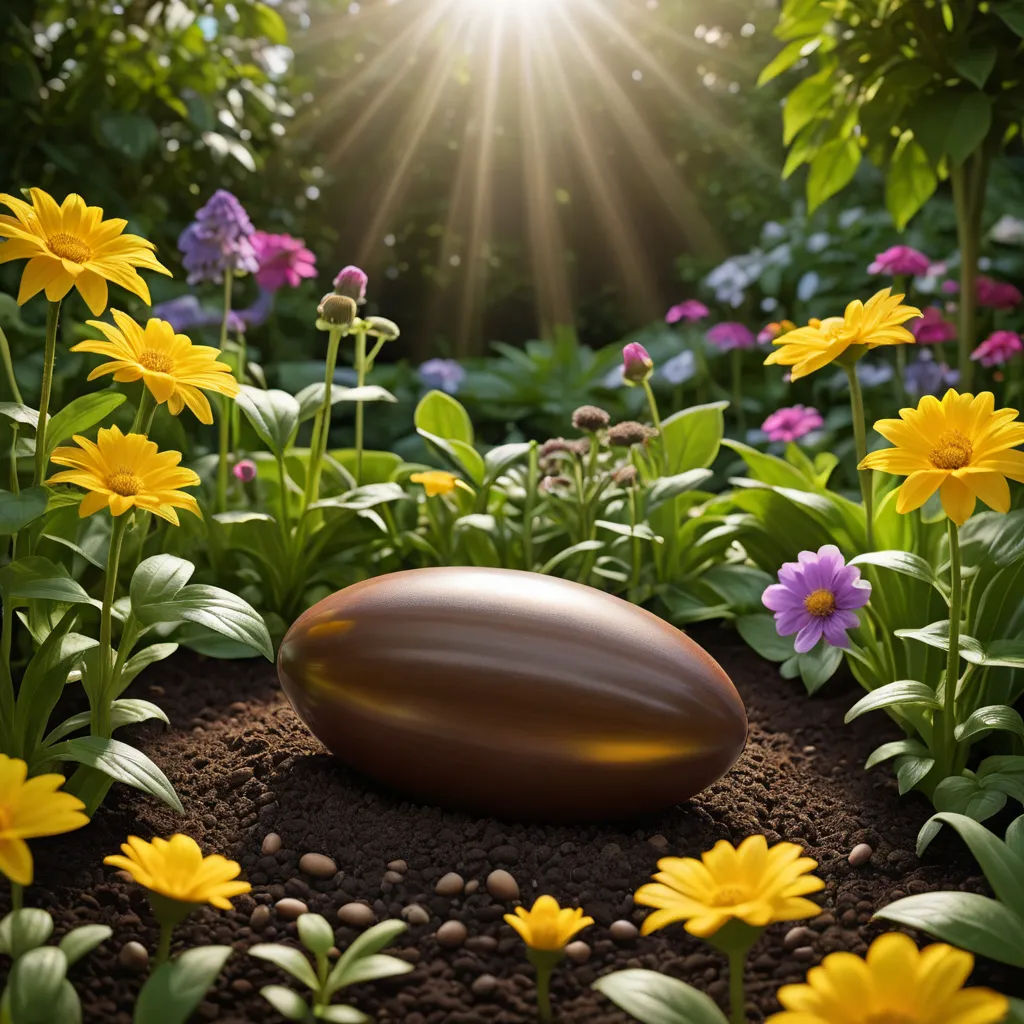 a garden with flowers and a large brown object in the middle of it's ground area with sun shining through the trees, ecological art, a 3D render, Florianne Becker, vray render