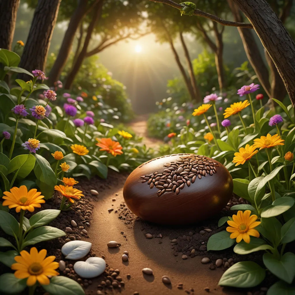 a garden with flowers and rocks in the dirt and a sunbeam in the background with a path leading to a stone circle, ecological art, a 3D render, David Martin, ultra realistic digital art