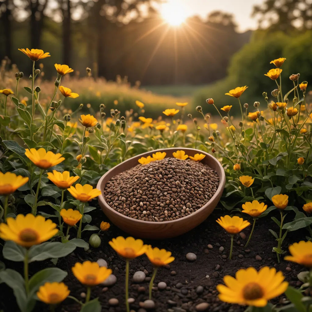 a bowl of sunflower seeds sitting on a field of flowers with the sun shining in the background and a field of yellow flowers, ecological art, a stock photo, Bernd Fasching, nature