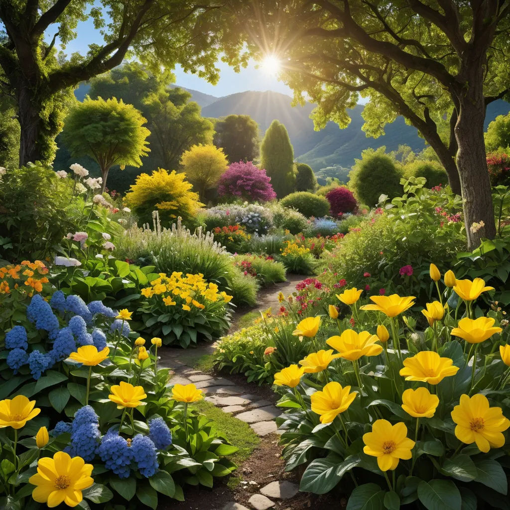 a garden with flowers and trees and a path leading to the sun shining through the trees and bushes on the other side, naturalism, a digital rendering, Bob Thompson, nature