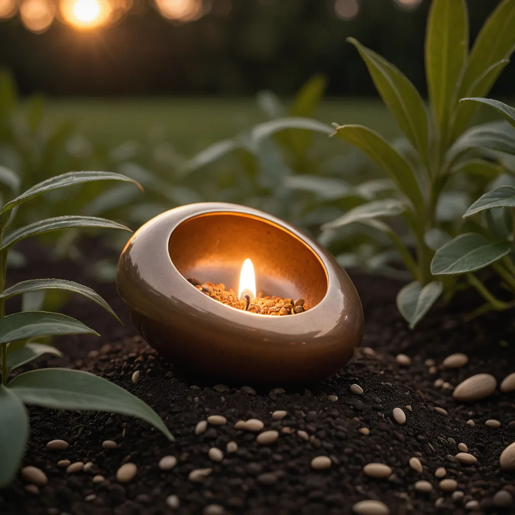 a candle is lit in a bowl on a bed of dirt and plants in the background, with a sun setting in the distance, environmental art, a 3D render, Alison Kinnaird, radiant light