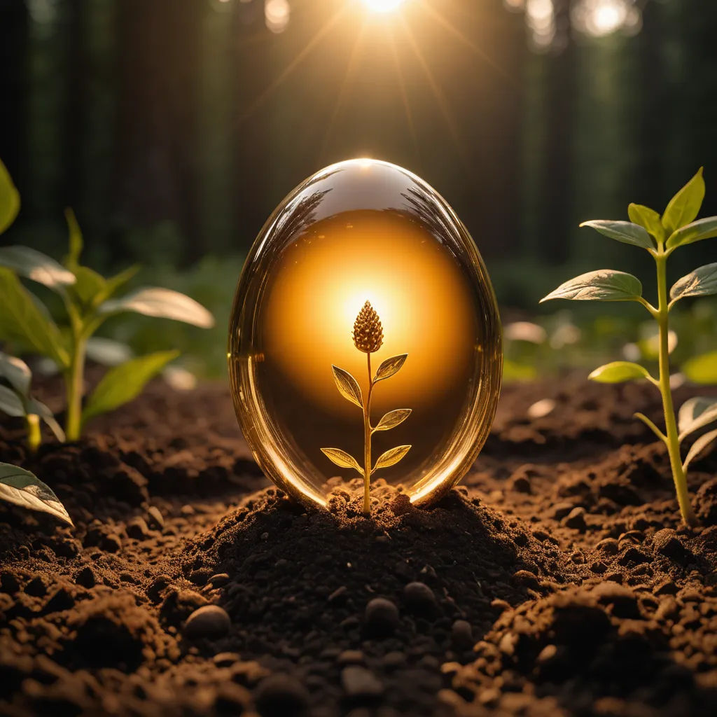 a glass ball with a plant inside of it on dirt ground with sunlight shining through the trees behind it, ecological art, a 3D render, David Martin, macro art