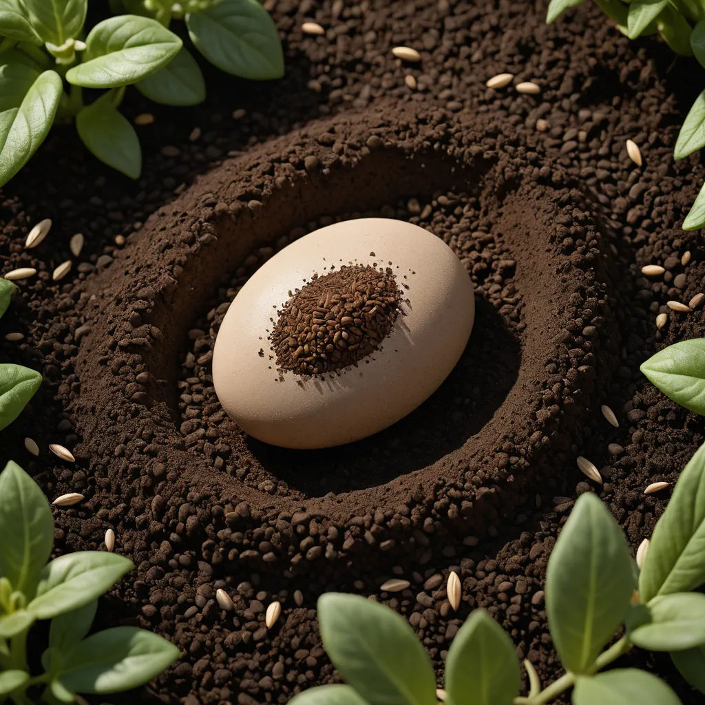 a rock with a sprout of dirt in the middle of a garden with plants growing around it, ecological art, a 3D render, David Begbie, digital photography