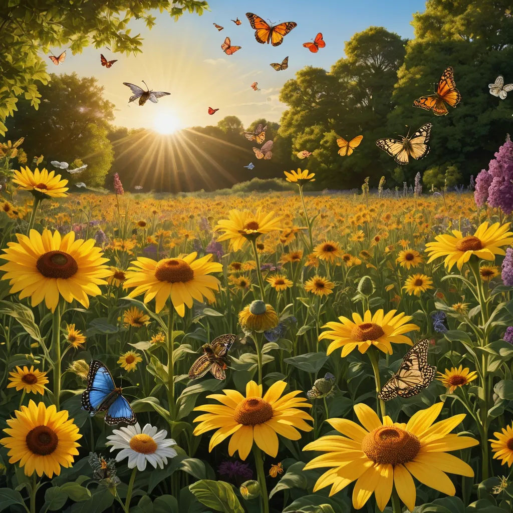a field of sunflowers with a butterfly flying over them in the background and a sun setting in the sky, magic realism, a jigsaw puzzle, Arthur Quartley, nature