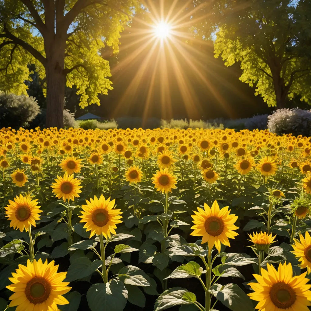 a field of sunflowers with the sun shining through the trees in the background, with a field of sunflowers in the foreground, naturalism, a jigsaw puzzle, Dennis Ashbaugh, sun