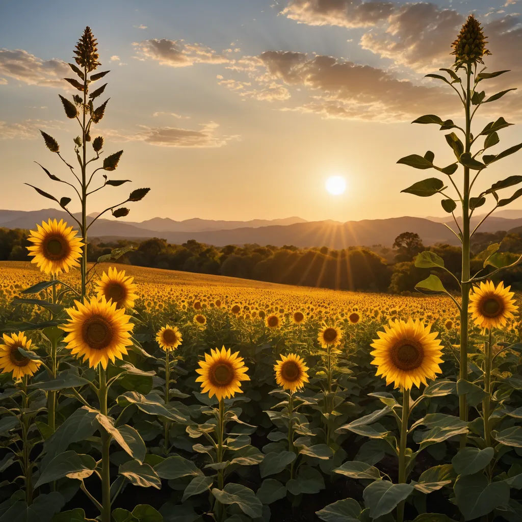 a field of sunflowers with the sun setting in the background and mountains in the distance in the distance, color field, a jigsaw puzzle, David Martin, sun