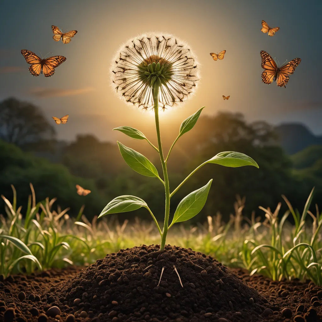 a dandelion plant with a bunch of butterflies flying around it in the sky above it is a field of grass and dirt, magical realism, a stock photo, Dirk Crabeth, highly detailed digital painting