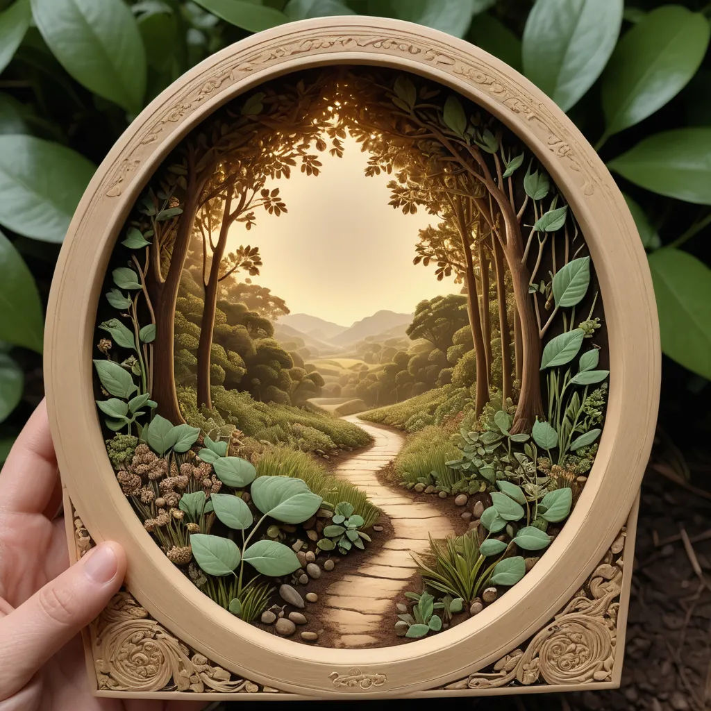 a painting of a forest scene with a path through the woods and a person holding it up in front of the picture, fantasy art, a storybook illustration, Chris LaBrooy, beautiful detailed