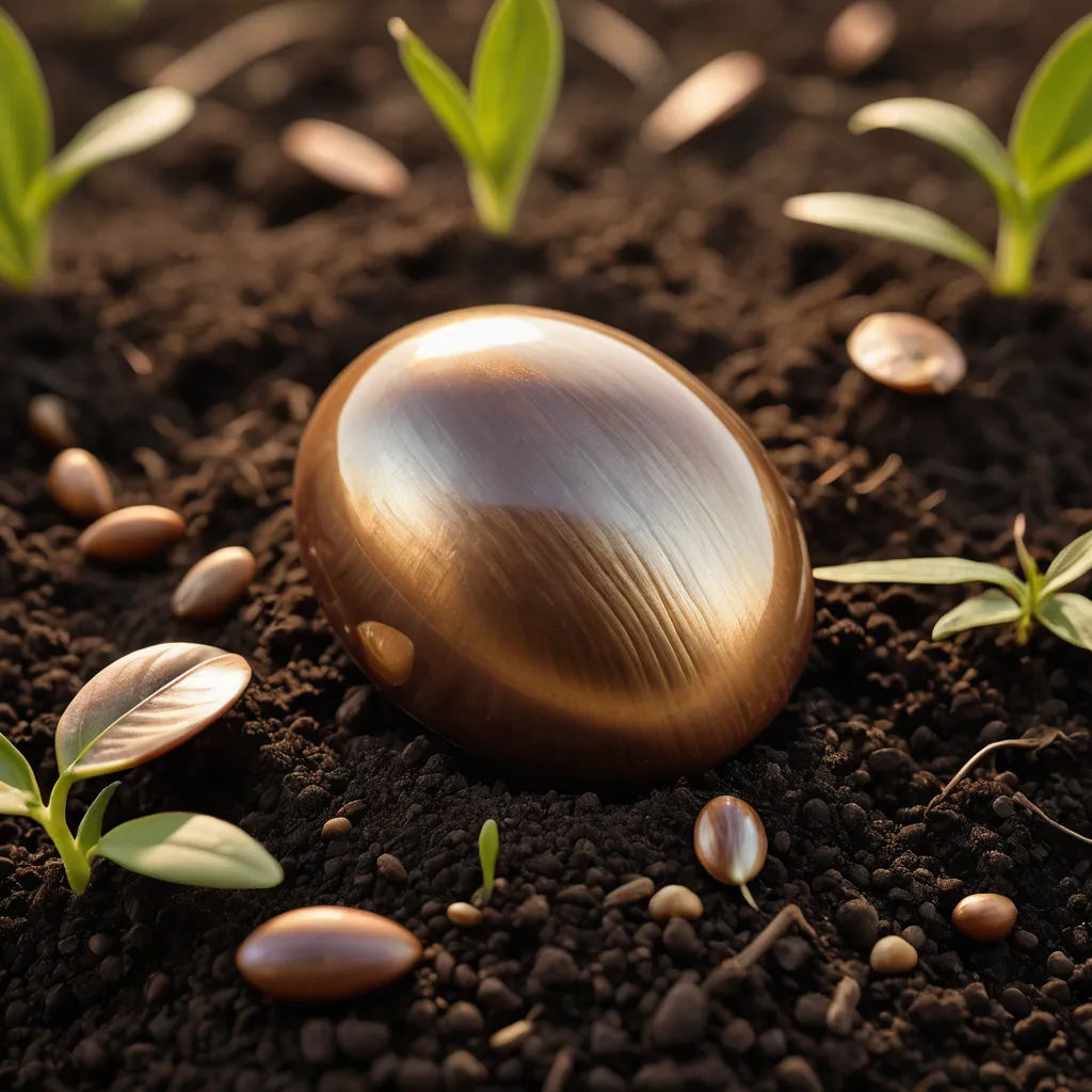 a close up of a plant growing out of dirt with leaves and seed pods on the ground with dirt, naturalism, a stock photo, Art Green, polished