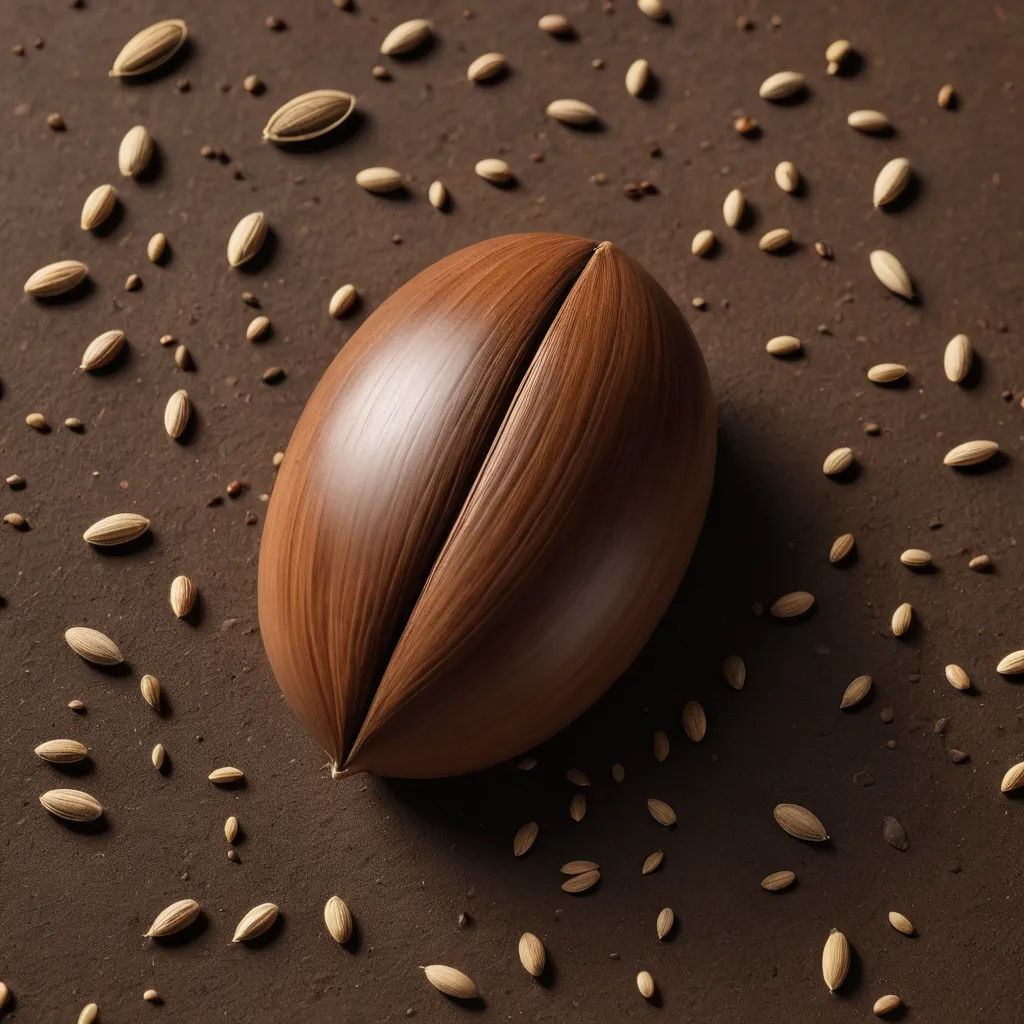a nut shell on a brown surface with seeds scattered around it and a brown background with a few nuts, photorealism, a 3D render, Boetius Adamsz Bolswert, product photography
