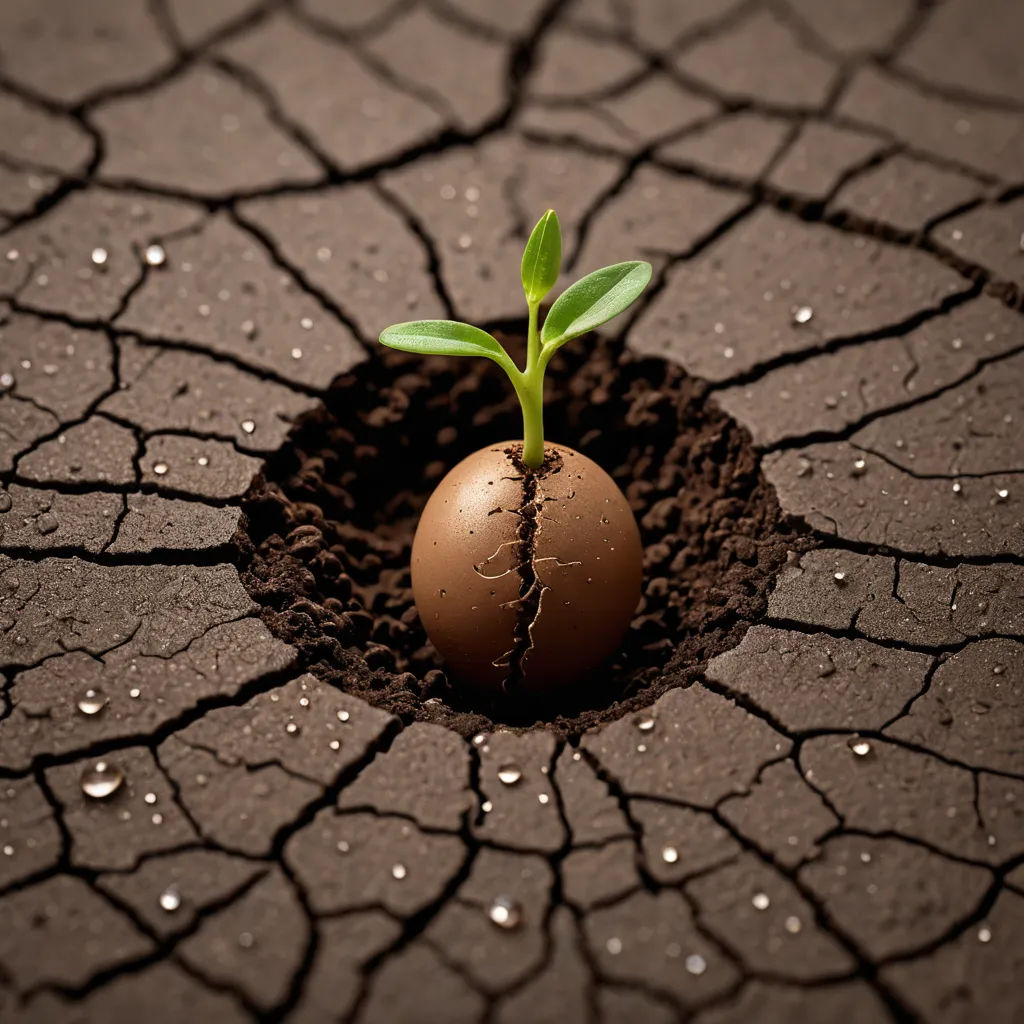 a plant sprouting out of a cracked earth with water droplets on it and a green sprout growing out of the ground, ecological art, a macro photograph, Cedric Seaut, roots