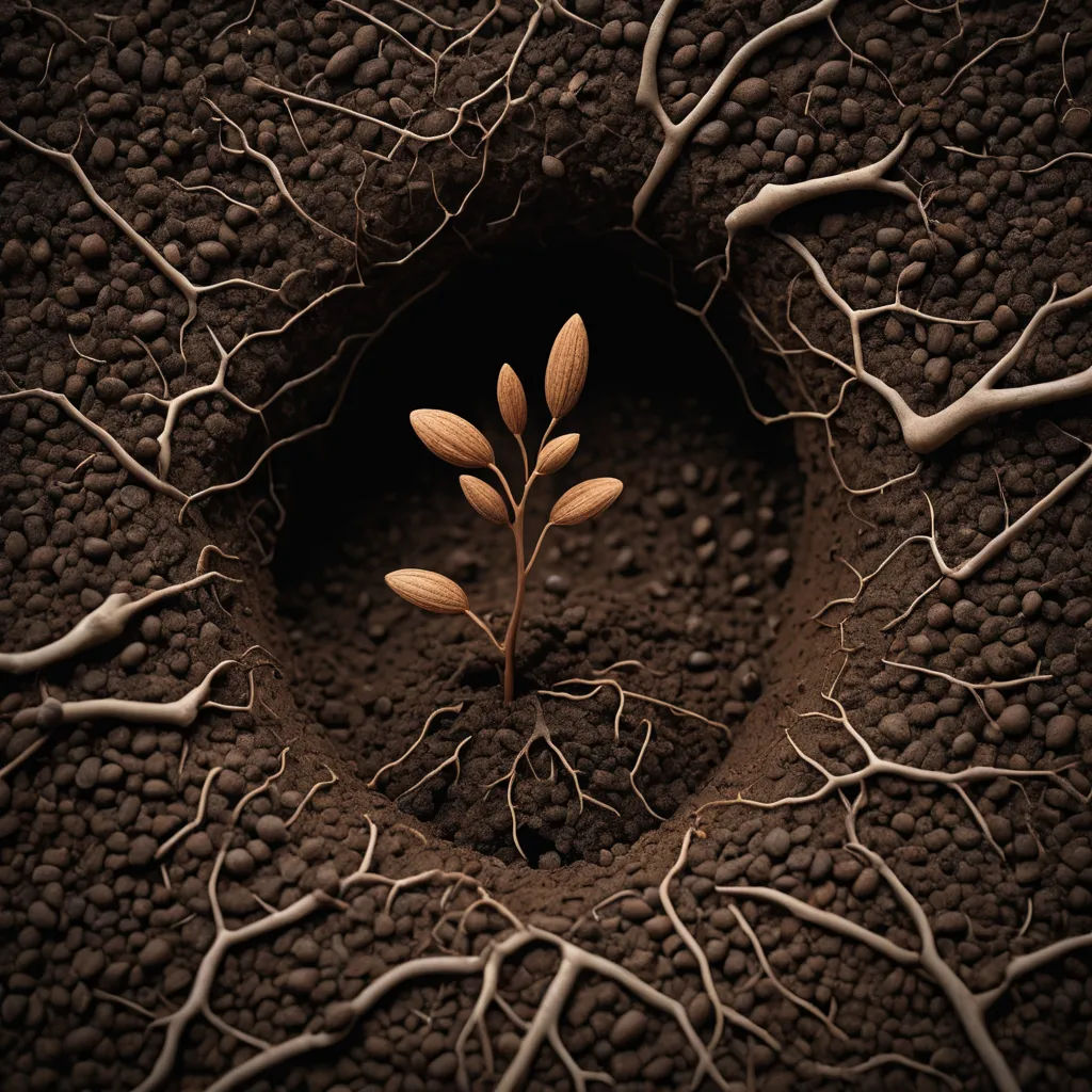 a plant sprouts from the ground with roots in the center of it, with a dark background, naturalism, an ultrafine detailed painting, Dirk Crabeth, roots