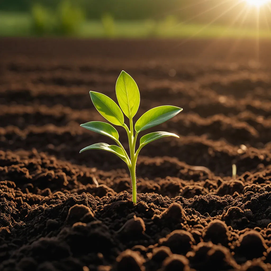 a small green plant sprouts from the ground in the sun light, with dirt and grass in the foreground, naturalism, a stock photo, Dennis Ashbaugh, plants