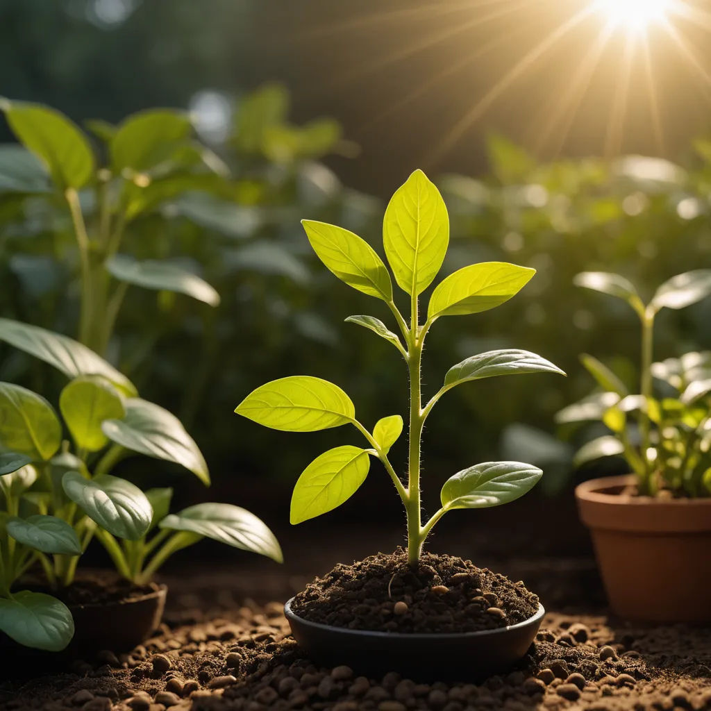 a small green plant in a pot on a dirt ground with sun shining in the background and a few other plants in the foreground, naturalism, a stock photo, Art Green, plants
