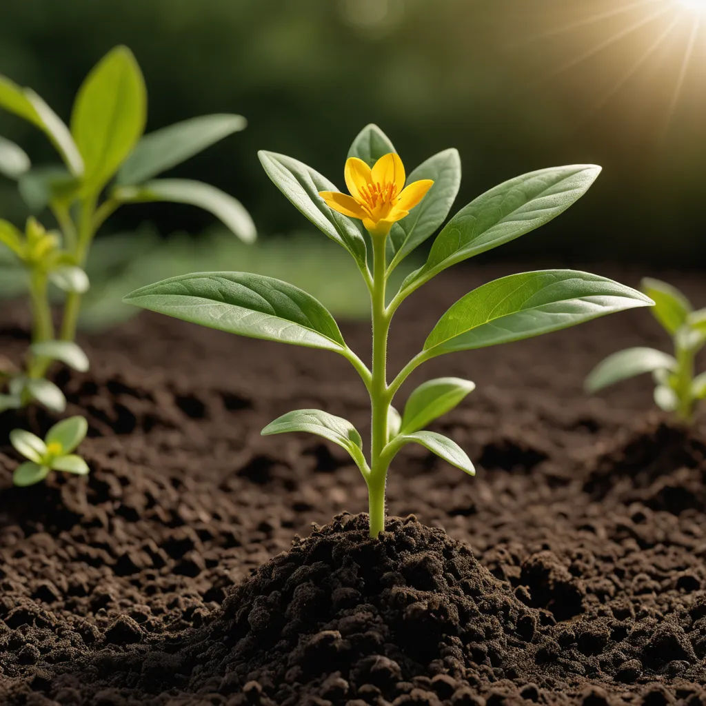 a small yellow flower is growing in the dirt and dirt ground with sunlight shining on it and green leaves, naturalism, a stock photo, Dennis Ashbaugh, plants