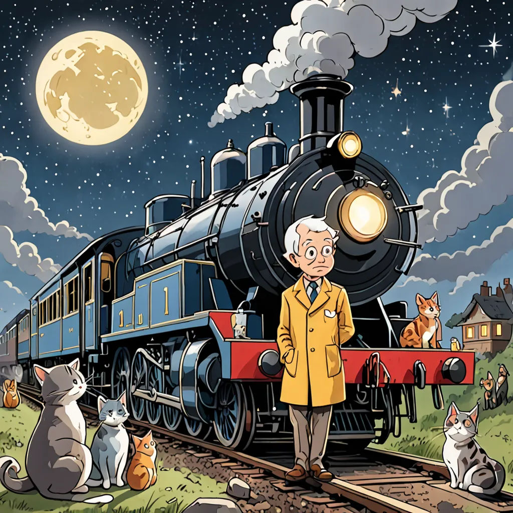 a man standing next to a train on a train track with cats sitting on the tracks and a full moon in the background, precisionism, a storybook illustration, Cliff Childs, promotional image