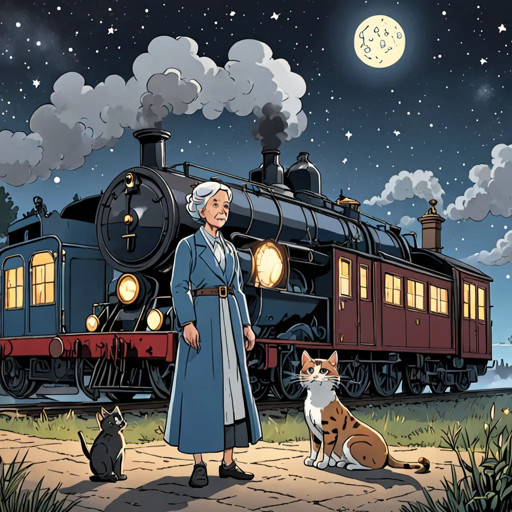 a woman standing next to a cat and a train on a track at night with a full moon in the sky, private press, a storybook illustration, Colin Middleton, promotional image