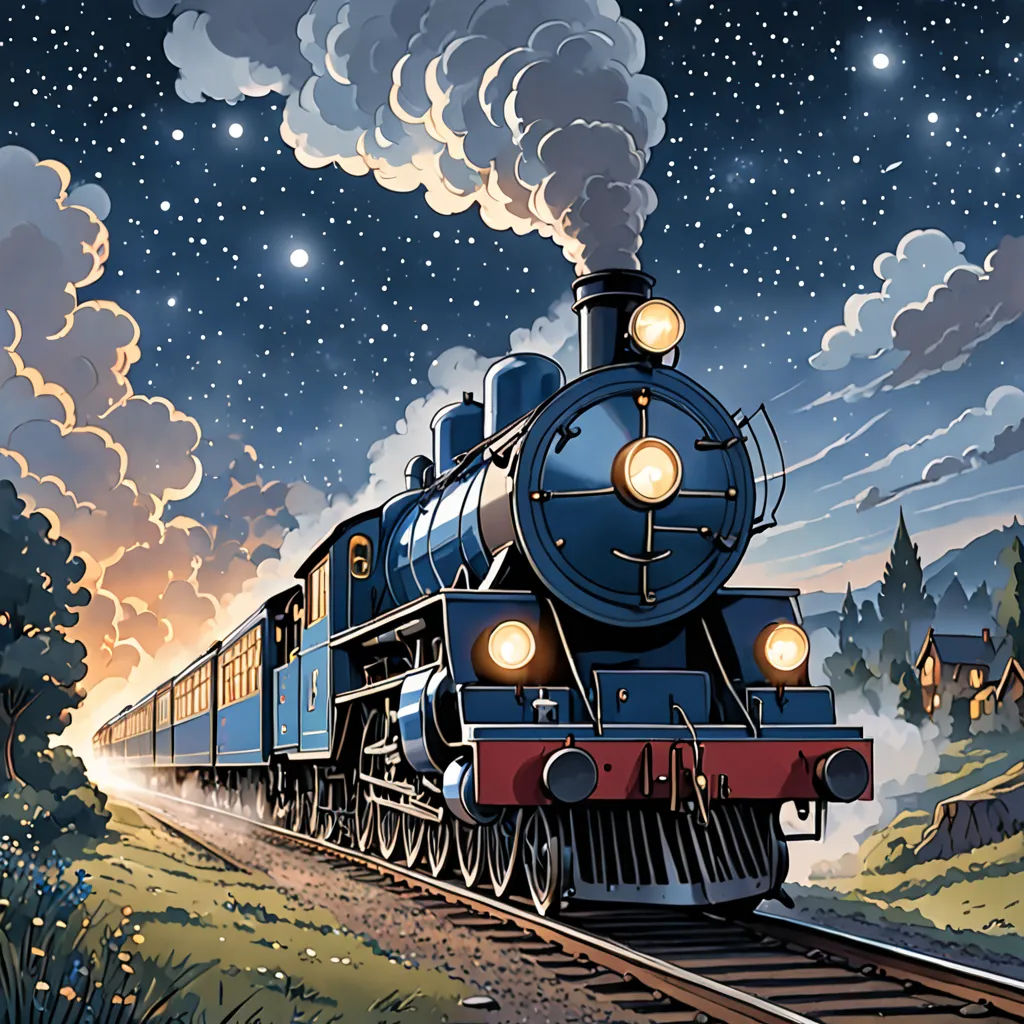a train traveling down train tracks under a night sky with stars and clouds above it and a full moon, fantasy art, a storybook illustration, Dan Mumford, storybook illustration