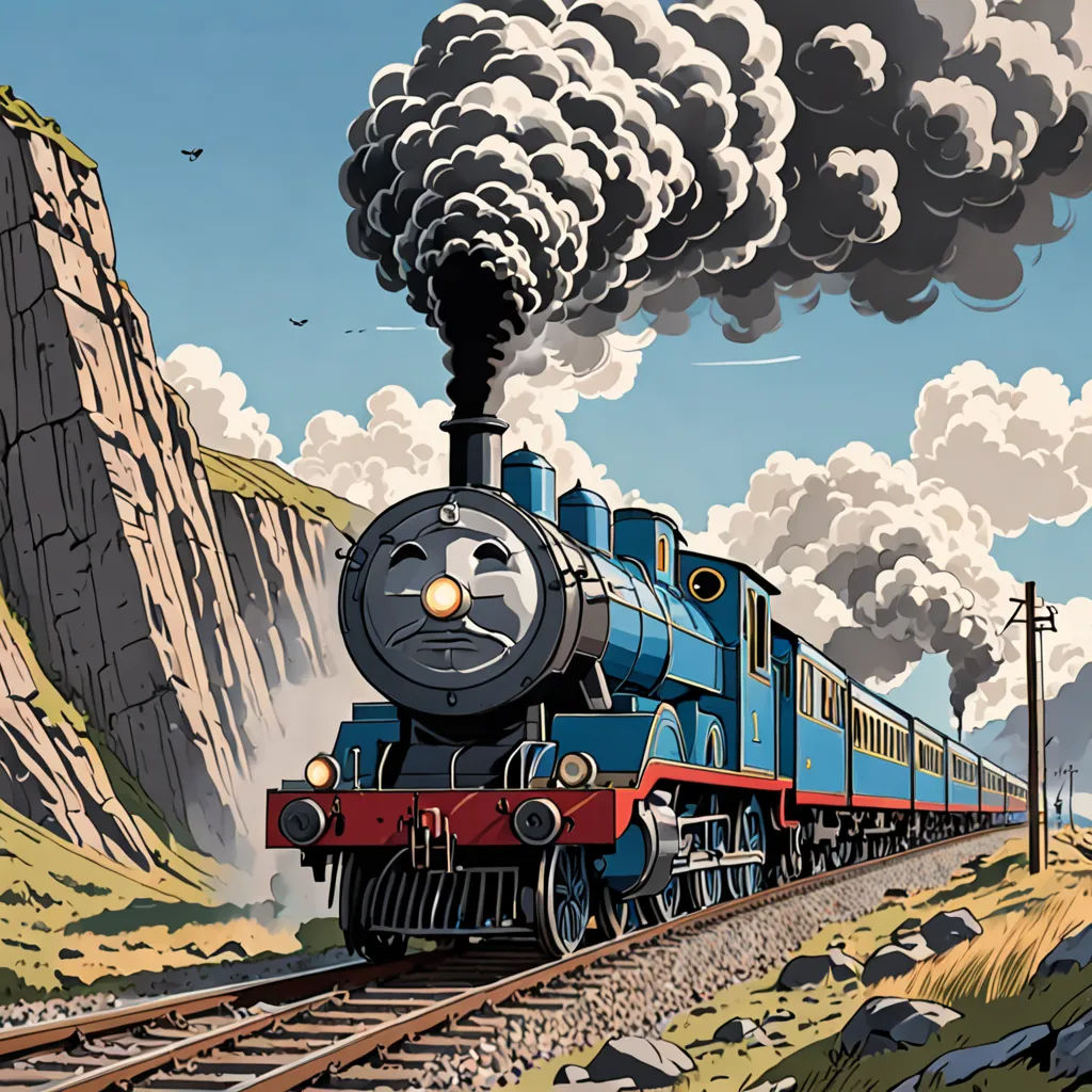 a train is traveling down the tracks near a mountain range with a bird flying above it and a bird flying above it, sots art, a comic book panel, Cliff Childs, official art