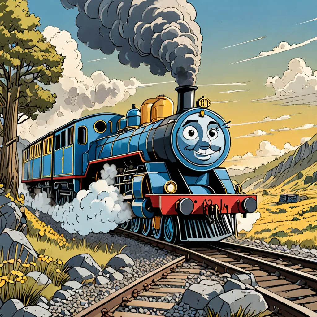 a cartoon train with a blue engine and a smiling face on the tracks with a mountain in the background, sots art, a comic book panel, Donald Roller Wilson, official art