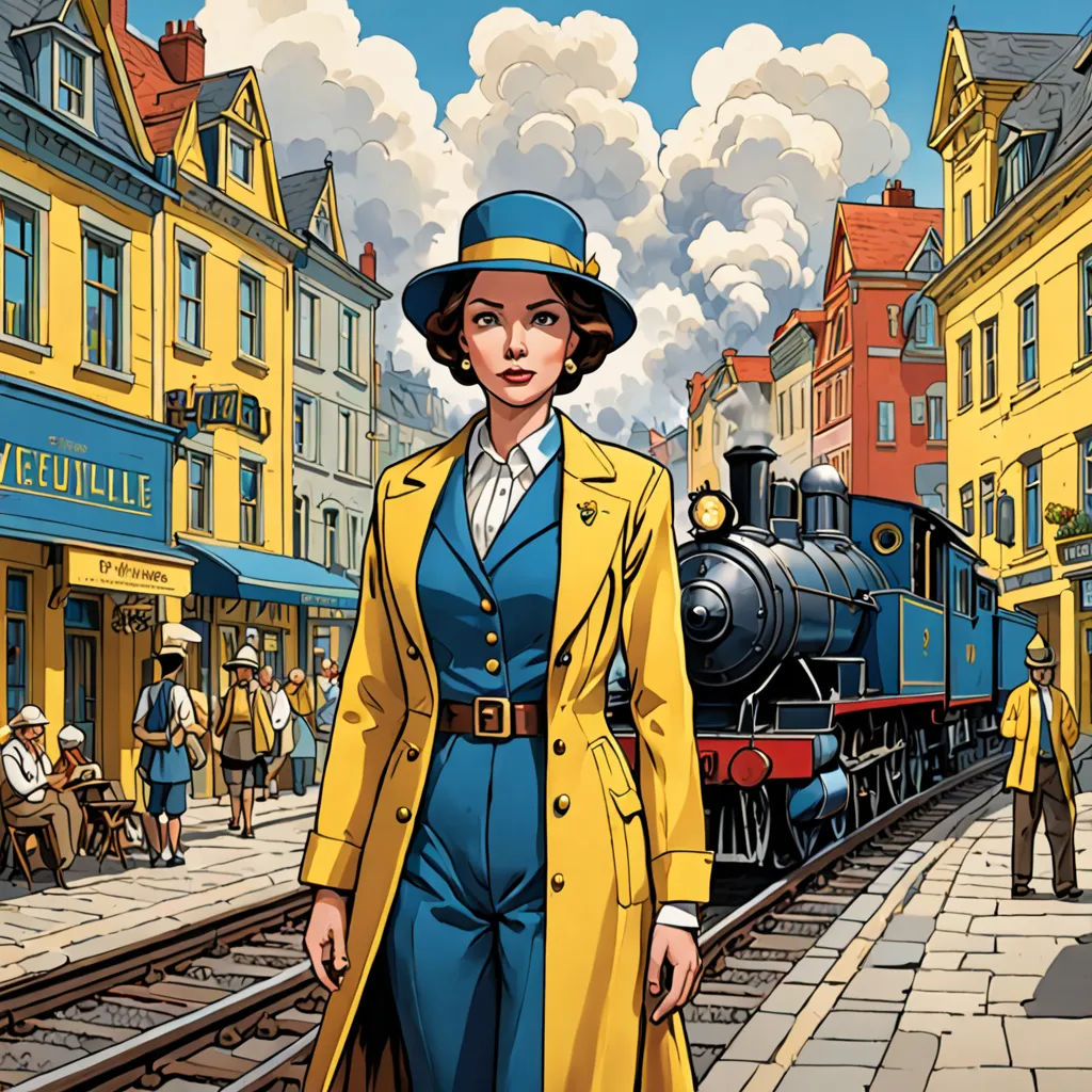 a woman in a yellow coat and blue pants stands in front of a train on a city street with people walking around, fantastic realism, a comic book panel, Edwin Georgi, promotional image