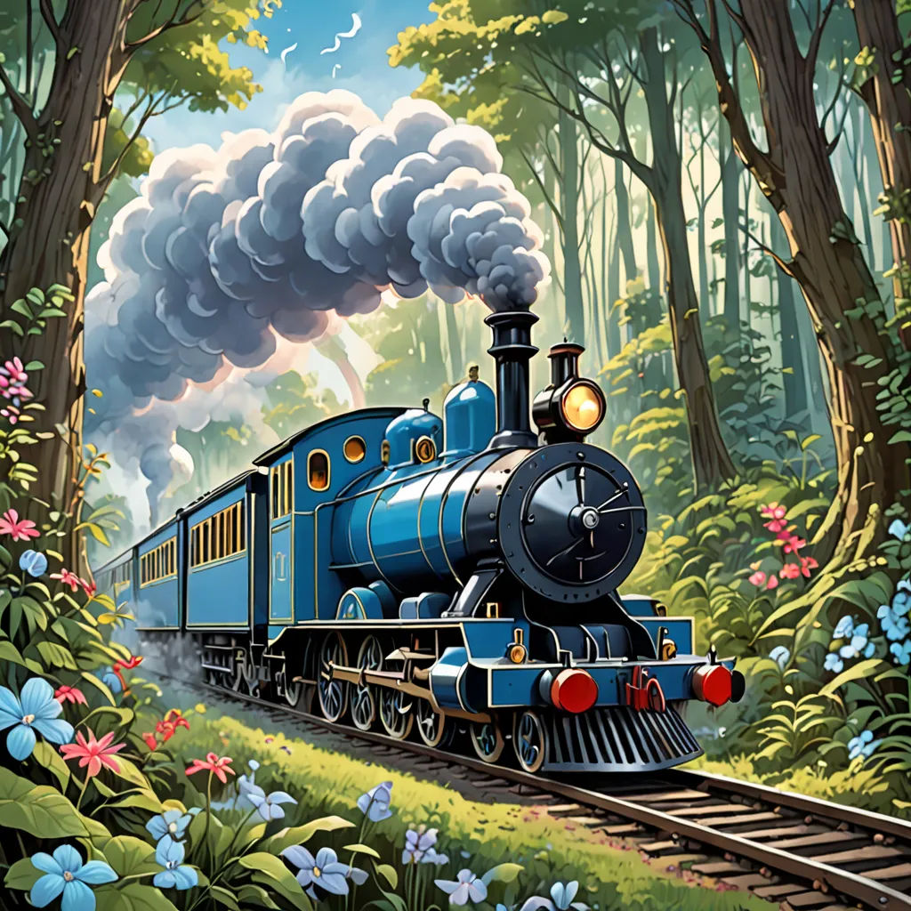 a painting of a train traveling through a forest with flowers and trees on the side of the track and a smoke stack coming out of the top, fantasy art, a storybook illustration, Chris LaBrooy, storybook illustration