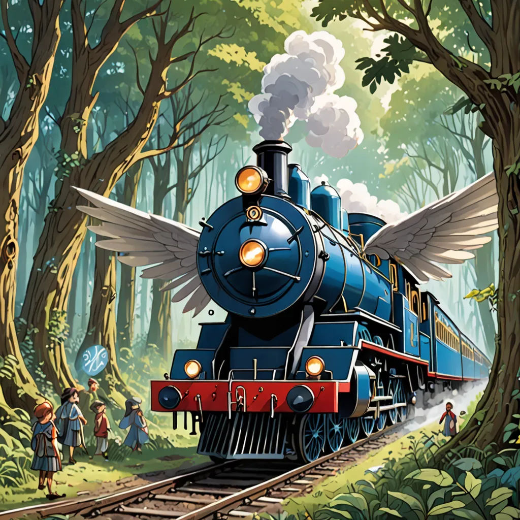 a painting of a train traveling through a forest with people standing around it and a train engine with wings on the front, fantasy art, a storybook illustration, Cliff Childs, storybook illustration