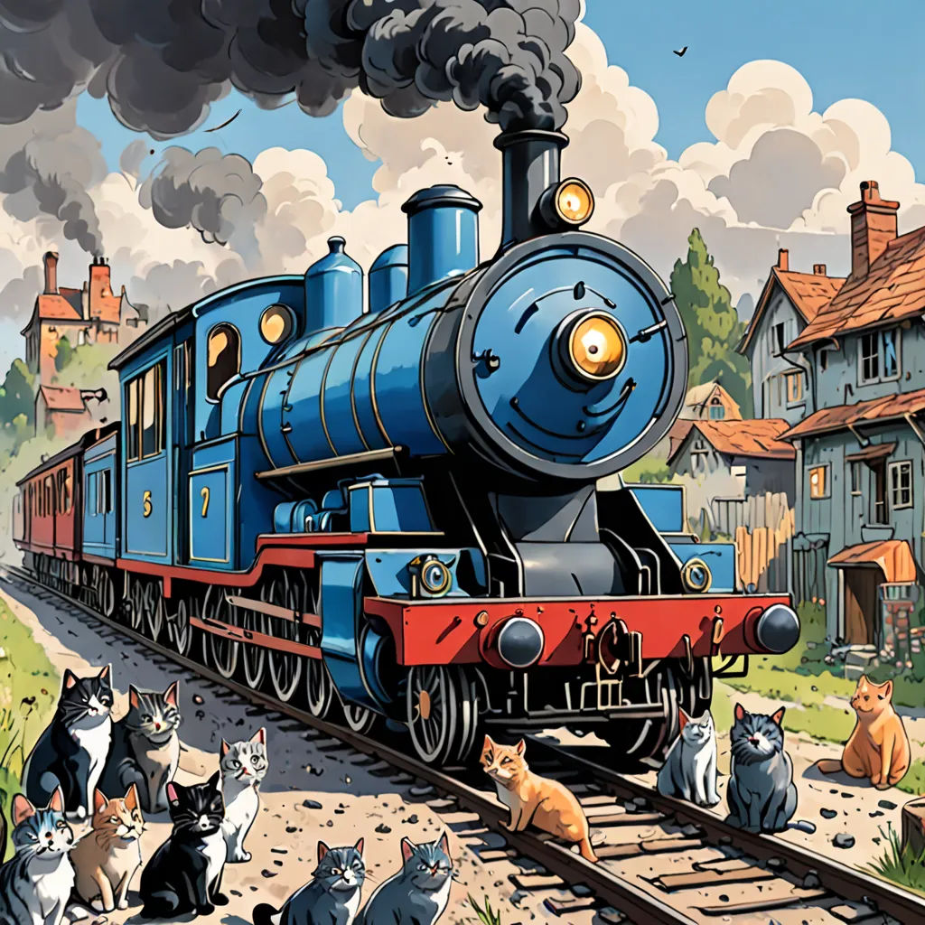 a painting of a train with cats sitting on the tracks and a dog standing on the tracks next to it, furry art, a storybook illustration, Colin Middleton, official art