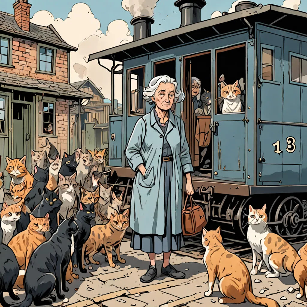 a woman standing in front of a train with cats around her and a train car in the background with cats around her, furry art, a storybook illustration, Beatrix Potter, detailed illustration